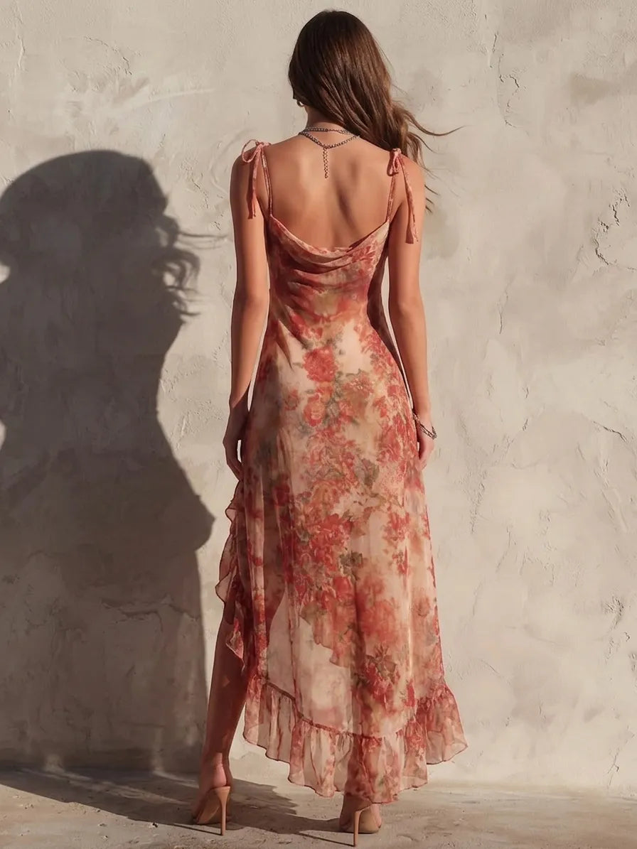 Camilla | Vestido Asimétrico Floral con Abertura y Volantes