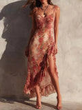 Camilla | Vestido Asimétrico Floral con Abertura y Volantes