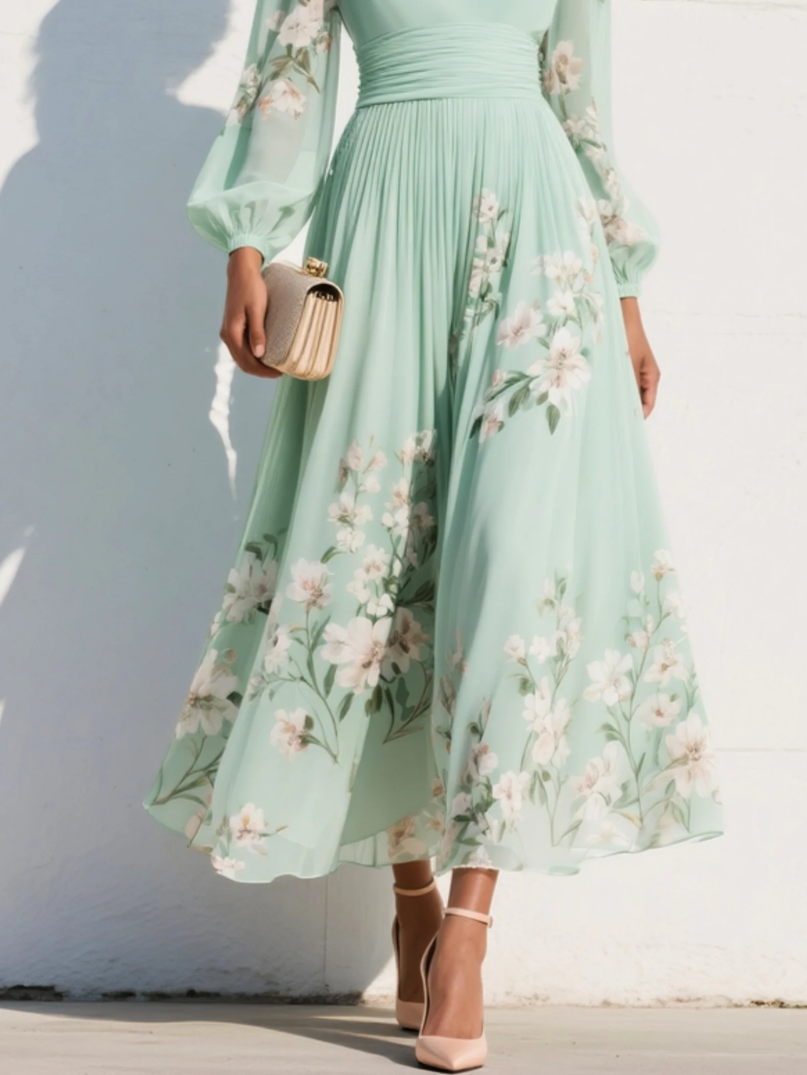 Cisella | Vestido Midi Floral en Verde Menta