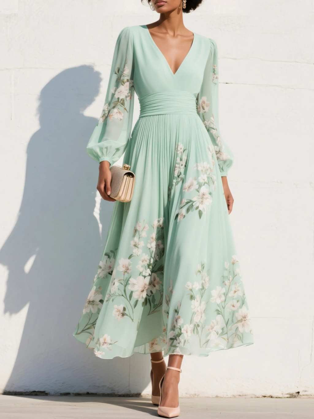 Cisella | Vestido Midi Floral en Verde Menta