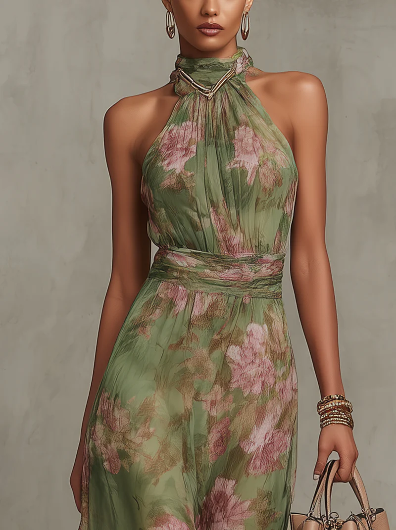Livia | Vestido Maxi Floral con Cuello Halter