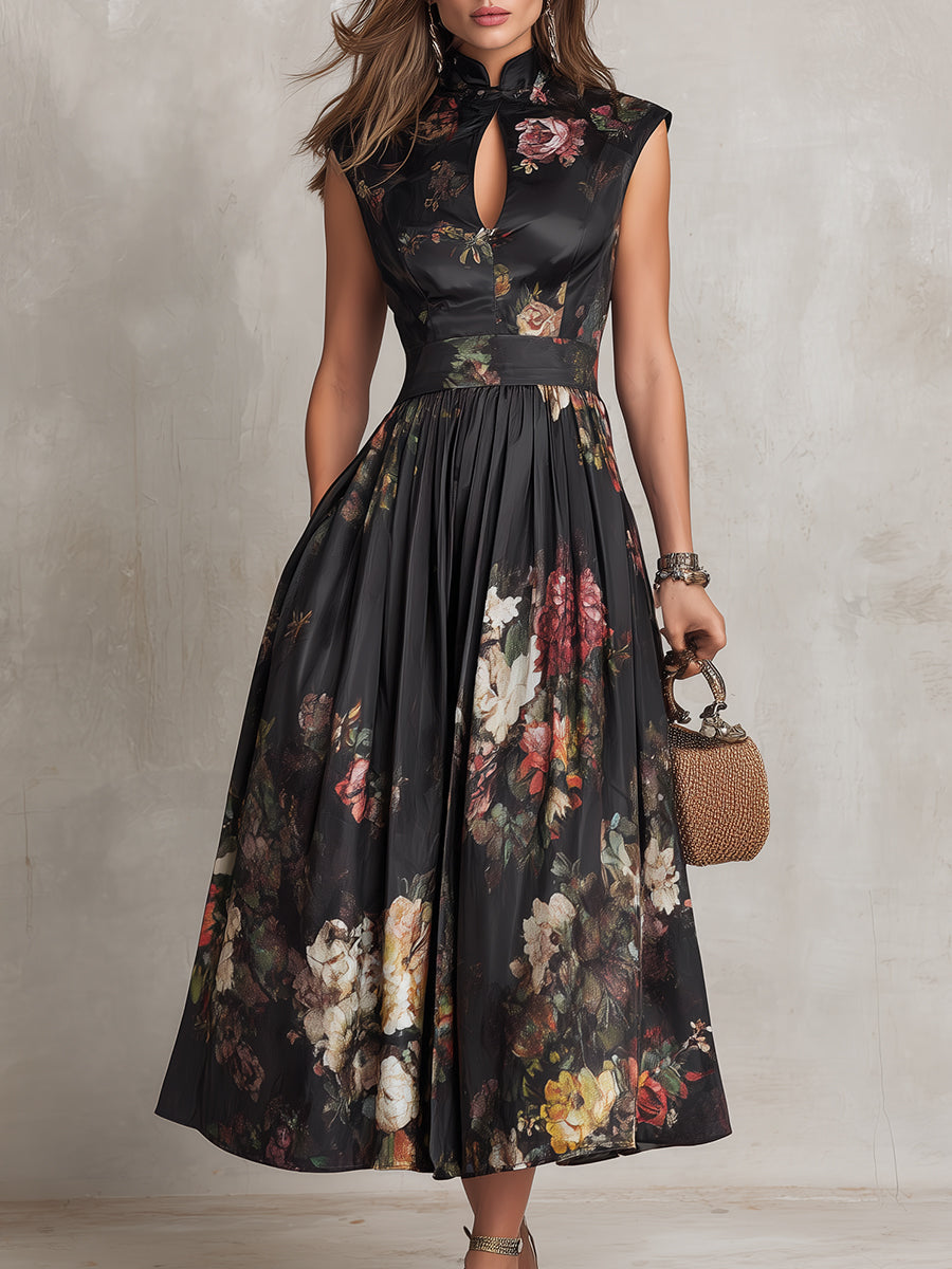 Vestido midi negro de satén plisado con estampado floral