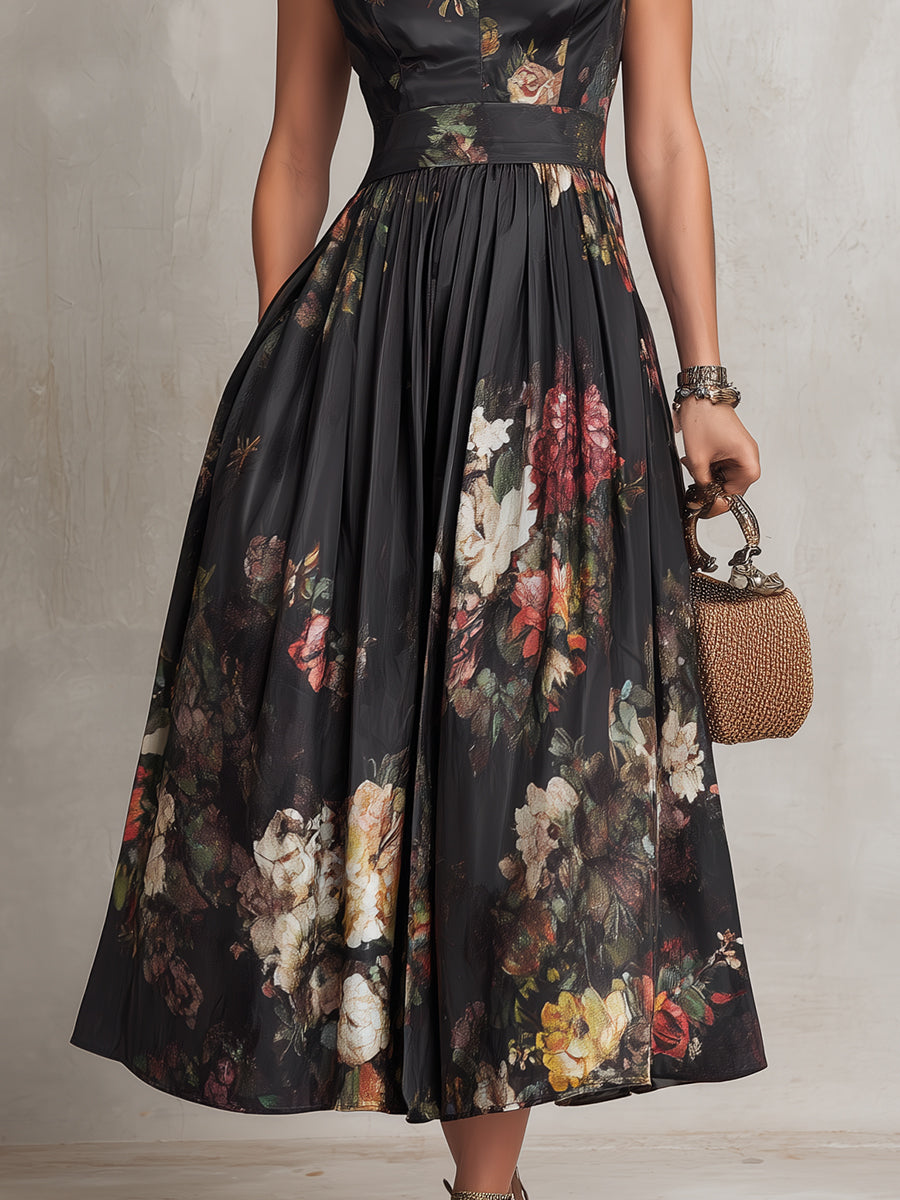 Vestido midi negro de satén plisado con estampado floral