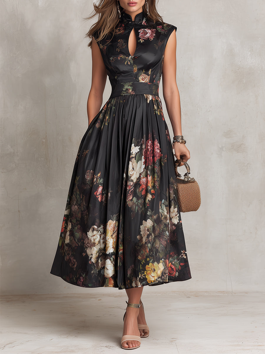 Vestido midi negro de satén plisado con estampado floral
