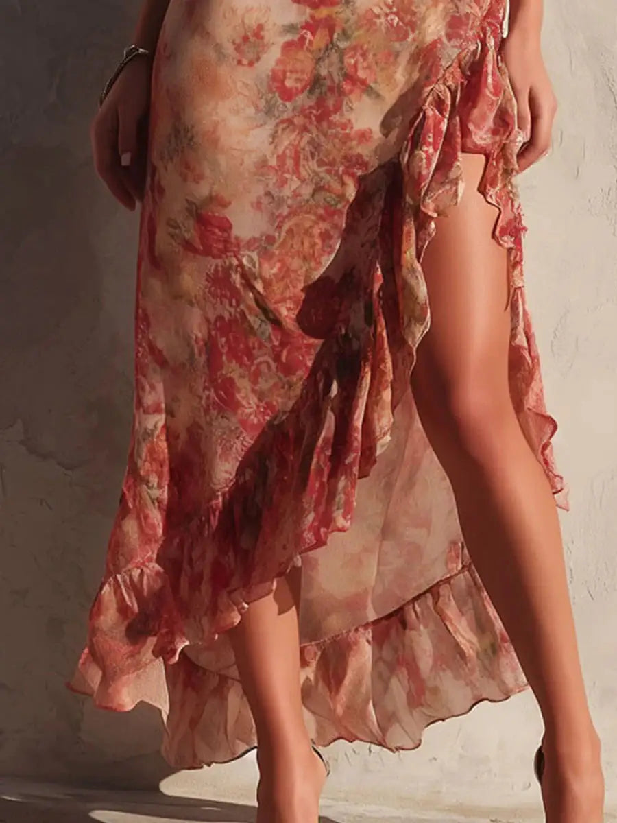 Camilla | Vestido Asimétrico Floral con Abertura y Volantes