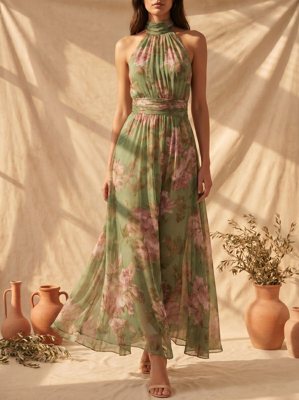 Livia | Vestido Maxi Floral con Cuello Halter
