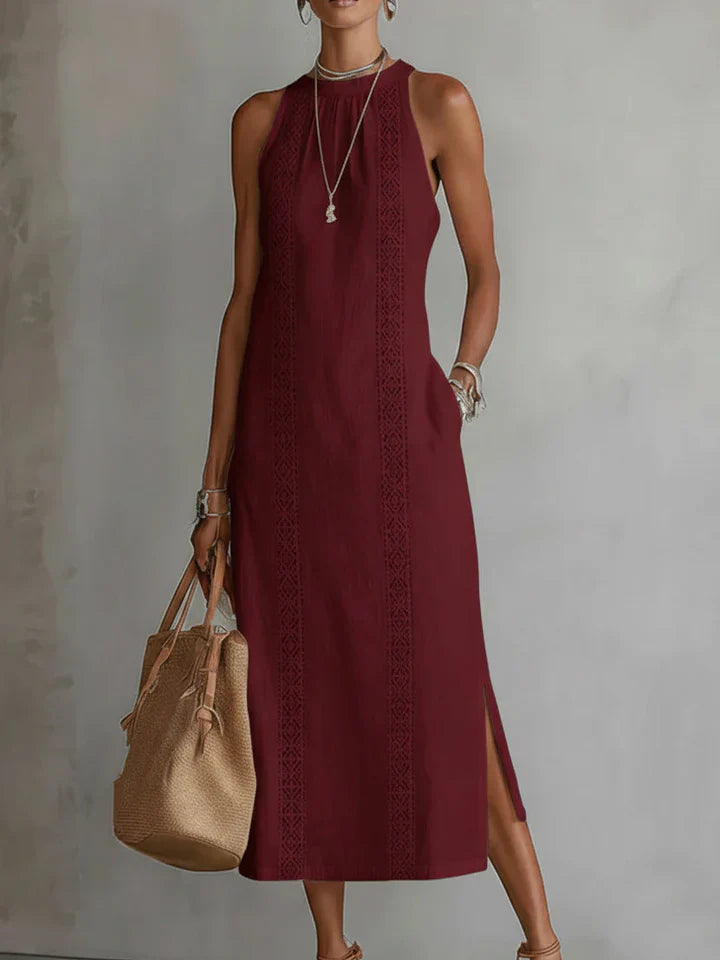 Jimena | Vestido midi de lino con cuello Mao